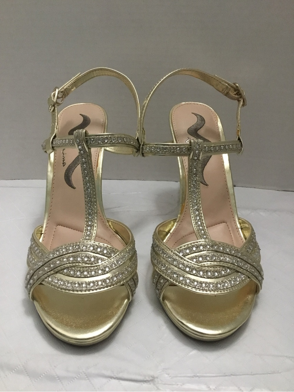 Nina Gold Rhinestone T-Strap Heels Ankle Strap Sparkly Evening Size 7